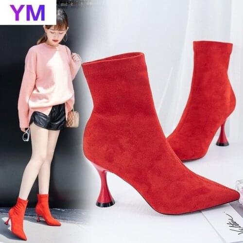 2020 Winter Flock Sock Boots Women Shoes Slip on High Heels Pointed Toe Ankle Boots High Heels Women Boots Stiletto Ladies Shoes