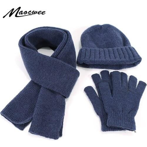 2019 Winter Hat Scarf Glove Set 3 Pieces For Men And Women Outdoor Knitted Warm Thicken Hat Skullies Beanie Scarf Gloves Set