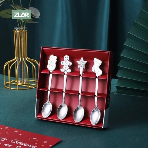ZLAR Christmas Cutlery Set With Gift Box Christmas Ginger Man Santa Claus Pudding Dessert Coffee Spoon Small Spoons Tableware