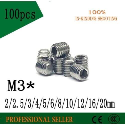 100Pc DIN913 M3 *3 4 5 6 8 10 12 16 20mm 304 Stainless Steel Headless Thread Grub Flat Point Hexagon Socket Set Screw