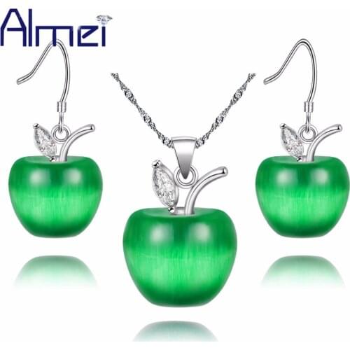 Almei 15% off Cute Fruit Jewelry Sets Silver Color Green Necklace Set Pink/Purple/Blue Wedding Accessories Women Earrings YL007