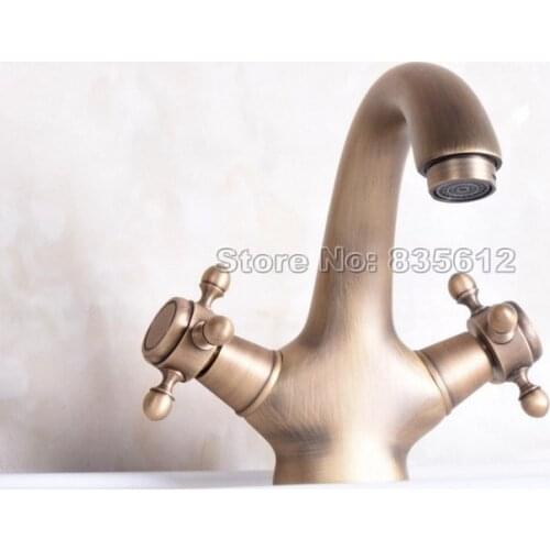 Antique Brass Dual Cross Handles Bathroom Basin Mixer tap / Vessel Sink Faucet Gooseneck Style Wnf250