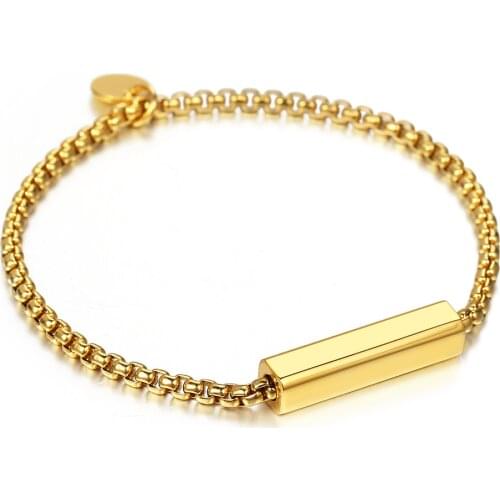 Bracelet For Women Girls Gold Color Stainless Steel Simple ID Name Engraving Box Link Chain Coin Charm Bracelet Jewelry LDB323