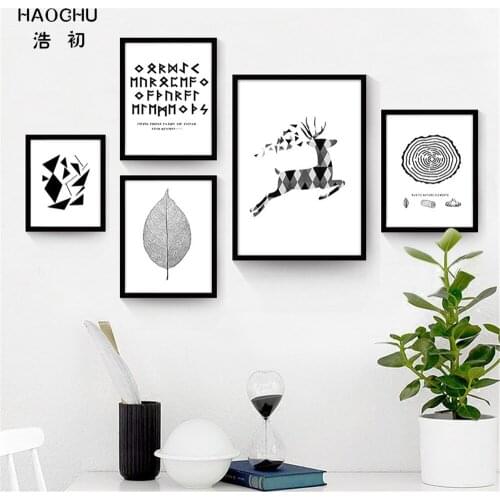 HAOCHU Nordic Modern Black and White Leaves Deer Cartoon Canvas Wall Paintings pictures for Home living room School Bar Decor