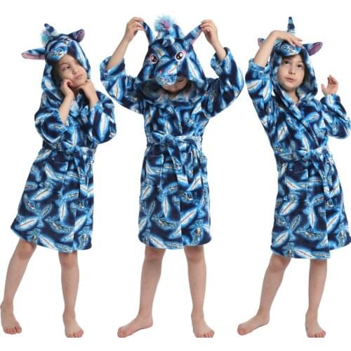 Girls Kigurumi Children Bathrobes Kids Star Blue Unicorn Hooded Bath Robe Animal for Girls Pajamas Nightgown Kids Sleepwear