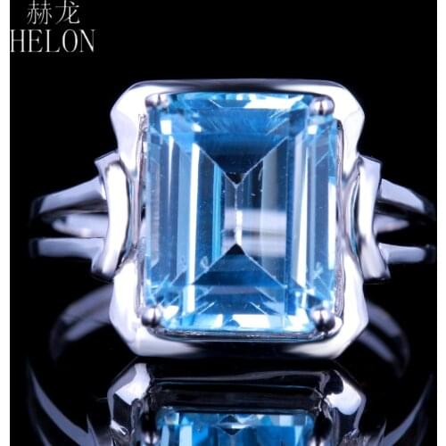 HELON Sterling Silver 925 8.5X10.5mm Cushion Cut Gemstone 6ct 100% Genuine Sky Blue Topaz Solitaire Engagement Wedding Ring