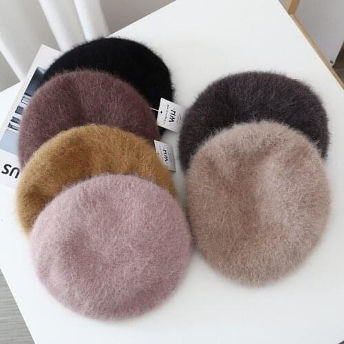 Hot Selling Hats For Women Autumn Winter Hats Soft Rabbit Fur Plush Solid Color Keep Warm Windproof Adult Cap Female Beret Hat