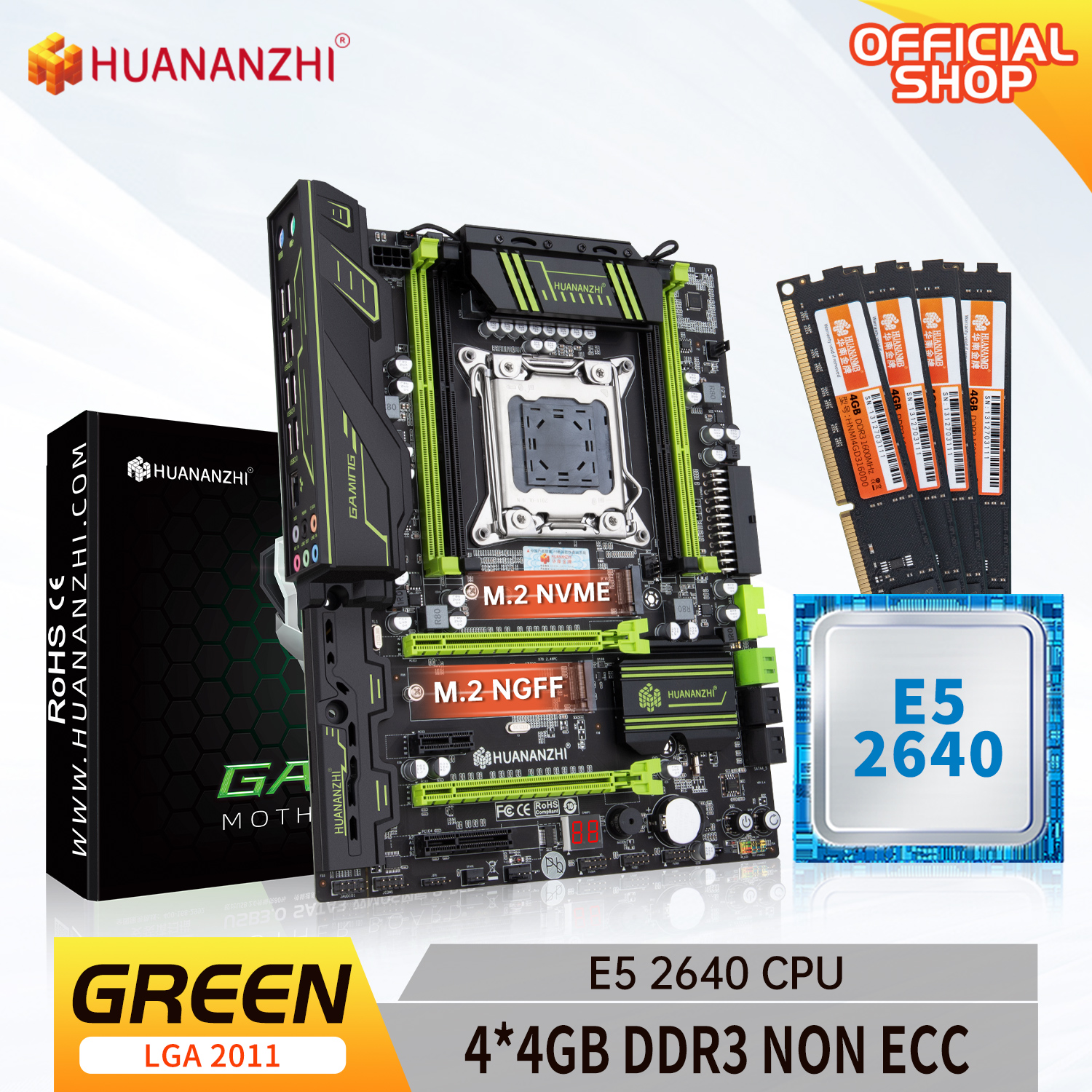HUANANZHI X79 GREEN X79 motherboard with Intel XEON E5 2640 4*4GB DDR3 NON-ECC memory combo kit set SATA USB 3.0 PCI-E NVME M.2
