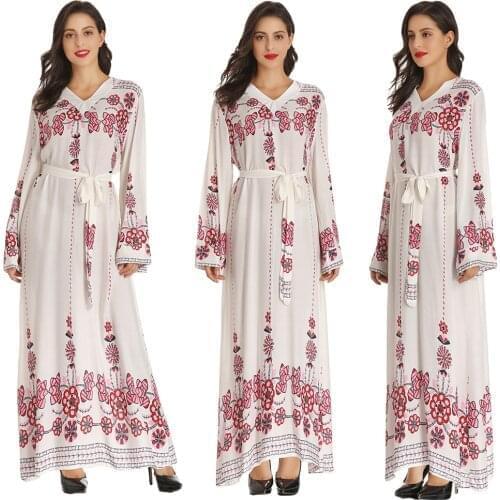 Muslim Women Abaya Floral Print Long Maxi Dress islamic Kaftan Chiffon Caftan Maxi Party Gown Abayas V Neck Vintage Robe