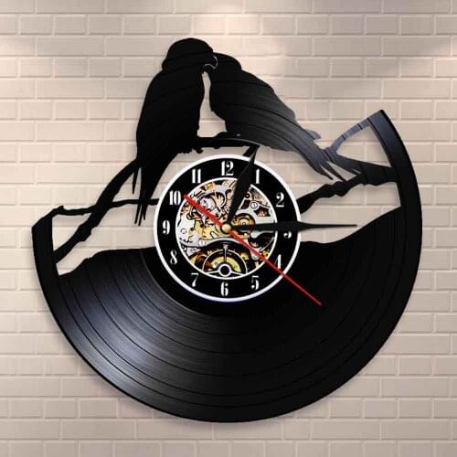 Parrot Couple Aviary Wall Decor Art Clock Birds Wall Clock Parrots on Branch Vinyl Record Clock Watch Bird For Animals Lovers