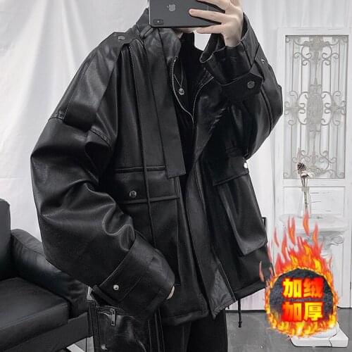 New winter wind plus cotton thickening Hong Kong version of the wide leather jacket male coat