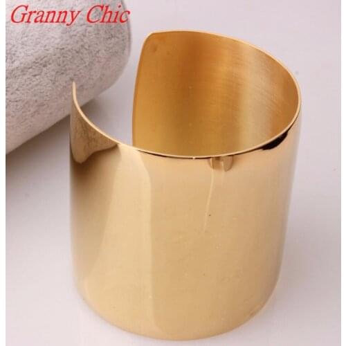 Granny Chic New Designer Stainless Steel Wide Blank Plain Shiny Arm Cuff Bangle Bracelet Gold color Jewelry Ladies Fashion