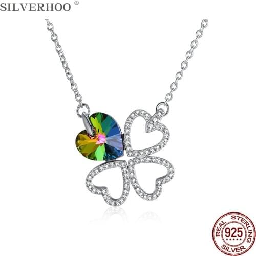 SILVERHOO 925 Sterling Silver Necklace Four Heart Pendant Necklaces For Women Colorful Austria Crystal Anniversary Romantic Gift