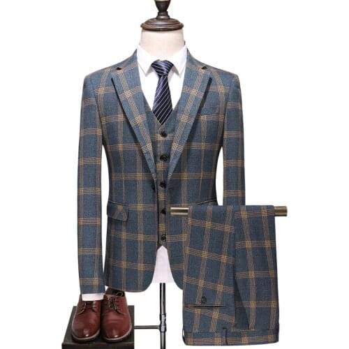 Jacket+Vest+Pants) Boutique Fashion Mens Plaid Casual Business Suit High-end Social Formal Suit 3 Pcs Set Groom Wedding S-5XL