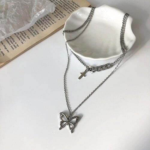 Origin Summer Street Style Double Layer Cross Butterfly Pendant Necklace for Women Exquisite Hollow Earings Jewelry Accessories