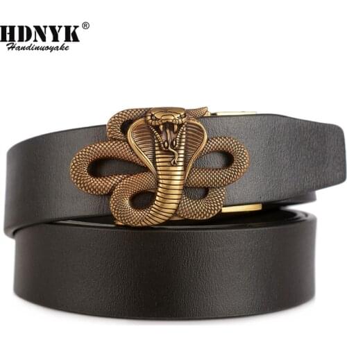 Hot Sell Snake Shaped Automatic Buckle Genuine Cowskin Leather Belt for Men Retro Leather Strap Men Waistand Gift
