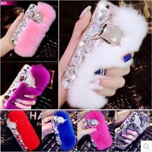 Luxury Bling Diamond Soft Rabbit Fur Case Fox Head Phone Case Cover For SamsungA3 A5 A7 2017 A9 A8 A6 PLUS 2018 A50 A70 A80