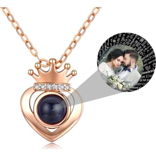 Rose Gold Silver Color 100 Languages I Love You Projection Heart Crown Pendant Necklace Romantic Memory Wedding Birthday Present