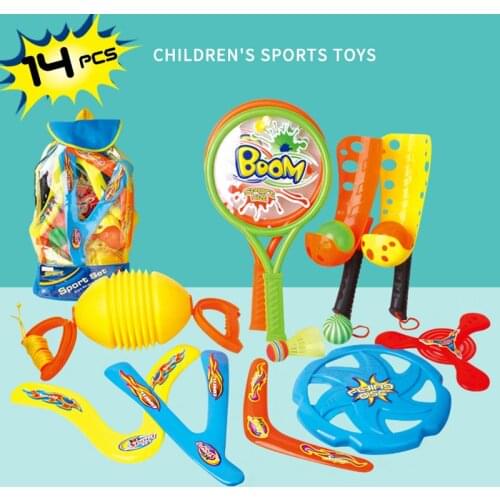 Outdoor Sports Toy Backpack Set Including Paddles Ball Flying Disc Boomerang Toss and Catch Hand Paddle Play Game for Kids