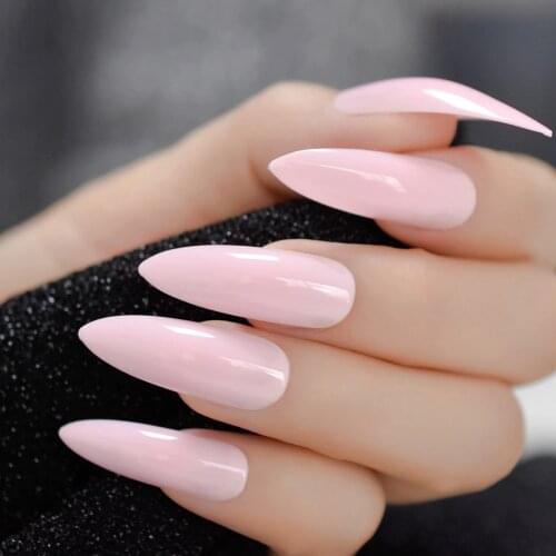 Extra Long Stiletto Nails 24Pcs Pink Artificial Sharp Nail Art Full Cover Oval Stiletto UV Gel False Fake Nail Tips Free Sticker