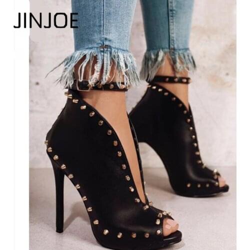 New Europe Popular Street beat rivet shoes fish mouth High-heeled Catwalk sexy Rome Ankle Buckle Strap PU heel 12cm Woman pumps