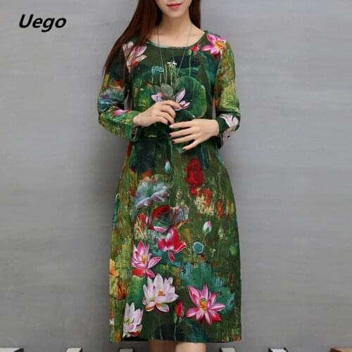 Uego Plus Size M-XXL 2021 Fashion Spring Dress Print Lotus Long Sleeve Women Casual Dress Cotton Linen Autumn Vintage Midi Dress