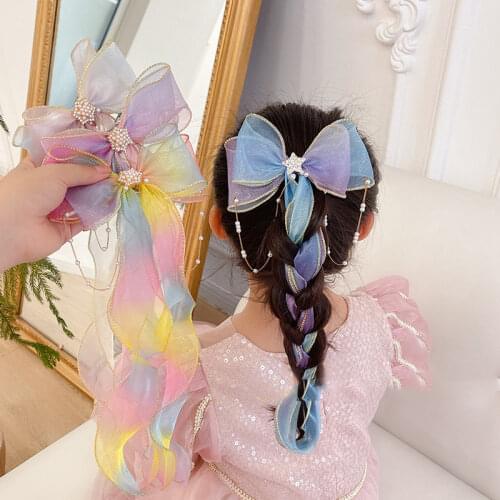 Pearl Chian Girls Mesh Streamer Hair Bows Bowknot Tassel Ponytail Clips Gradient Braiding Hairpin Grips Hair Accessories