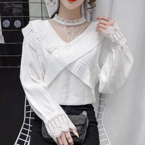 Autumn New Hollow Out Long Sleeve White Blouse Elegant Ruffle Mesh Stitching Women Shirts Blouses Women Loose Tops Female 16369
