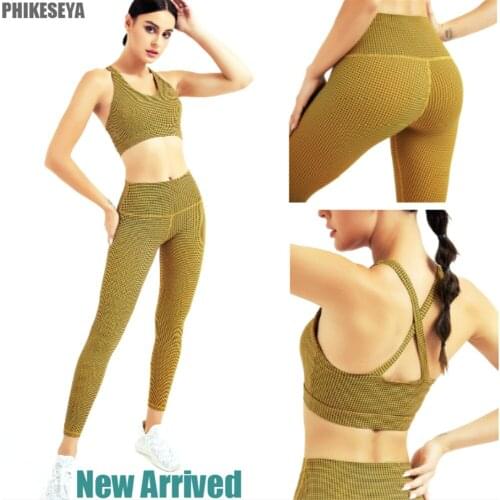 Yellow Sports Yoga Fitness Sets Women Grid Printed Athletic High Waist Leggings Workout Sportswear Gyms Cross Back Sport Bra Top
