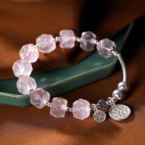 925 sterling silver natural pink crystal personality round brand Lotus seedpod retro literary Lady inlaid bracelet