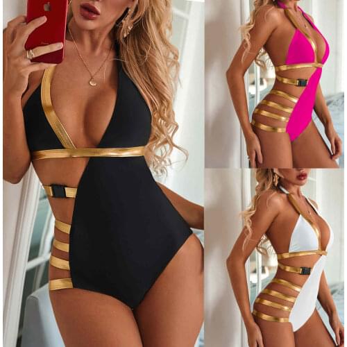 2020 Womens One Piece Swimsuits Swimwear Sexy Bronzing Strap Stitching Bathing Suits Pure Color Halter Bikinis Set Beachwear