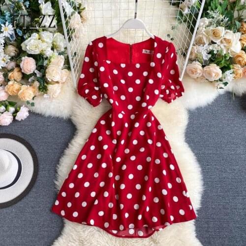 2020 Elegant Women Summer New Square Neck Short Sleeve Dress Polka Dot Printed Fashion Ladies High Waist Solid Slim Dresses
