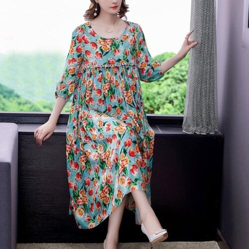 Summer Casual Loose Floral Mulberry Silk Midi Dress Spring Vintage 4XL Plus Size Dress 2021 Women Elegant Bodycon Party Vestidos