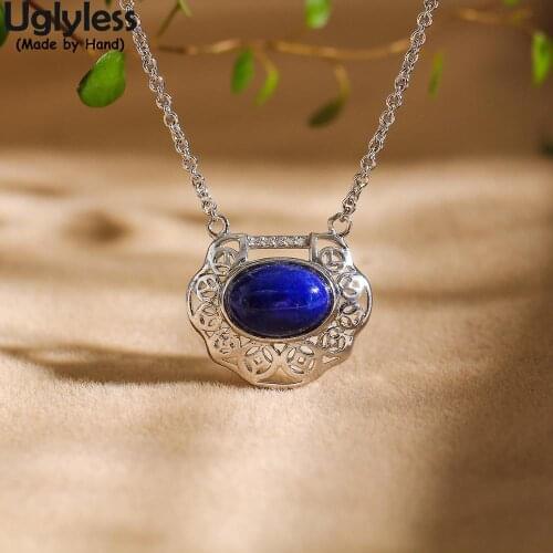 Uglyless Vintage Ethnic Dress Jewelry for Women Natural Lapis Pendants Necklaces + Chain 925 Silver Chokers Hollow Heart Jewelry