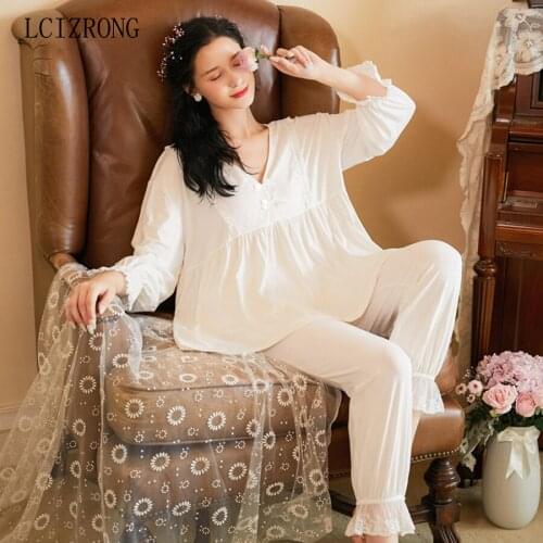 Winter Cotton Cozy Pajamas Set Women Sexy V Neck Loose Sleepwear Nightgowns White Lace Princess Home Clothes Lingerie Female