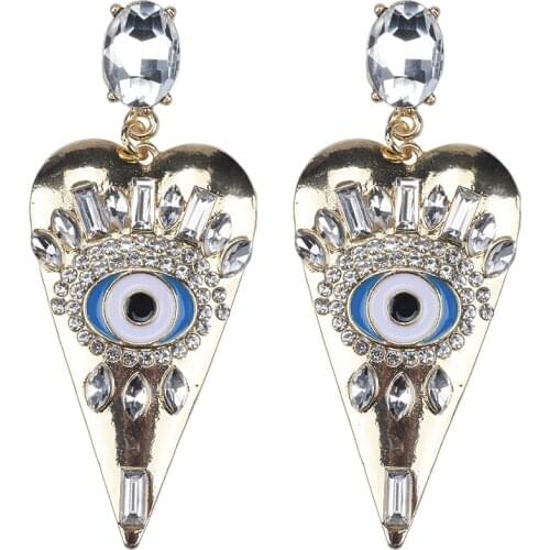 Vintage Evil Eye Big Heart Statement Earring Punk Exaggerated Crystal Oil Eyes Golden Metal Drop Earring Women Party Jewelry