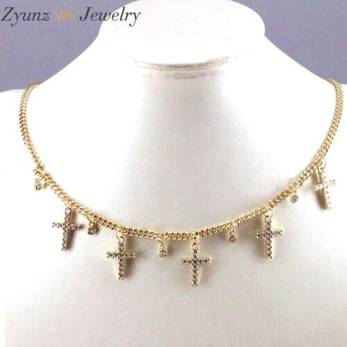 5PCS, New arrive fashion cz statement gold color cz drop cross charm delicate chain fashion women choker necklace