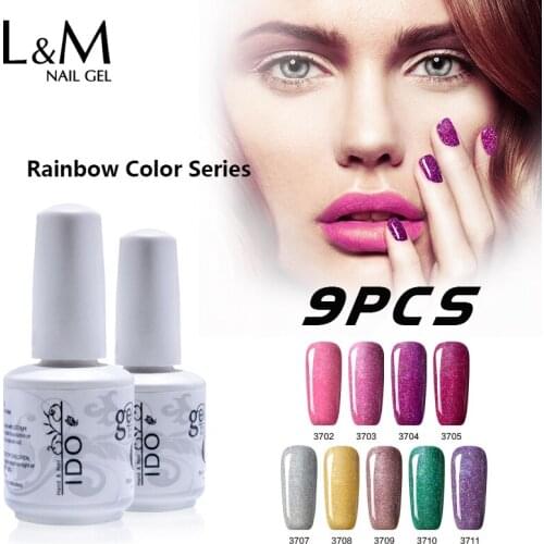 Free Shipment 9 Pcs Set Rainbow Color Series Glitter Soak Off Long Lasting Manicure Color Permanent UV Fingernail Price