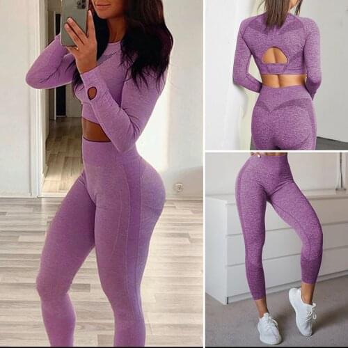 2 Pieces Seamless Yoga Sets Female High Waist Leggings Sport Suits Running Women Fitness Sets Workout Long Sleeve Top Gym Wear