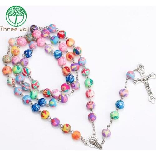 2018 New Arrival Polymer Clay Round Bead Catholic Rosary Necklace Statement Colorful Beads Cross Religious Necklaces