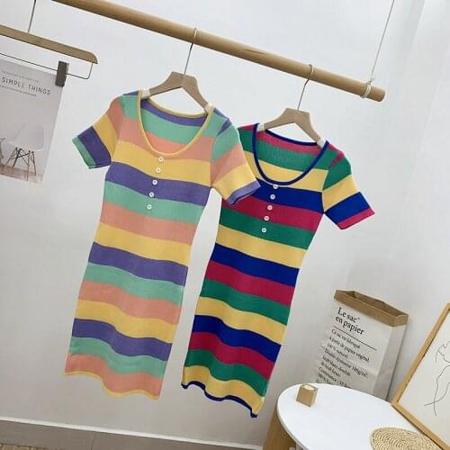 Elegant Summer Women O-Neck Short Sleeve Striped Knitted Button Dress Lady Elastic Slim Waist Pullover Party Bodycon Mini Dress