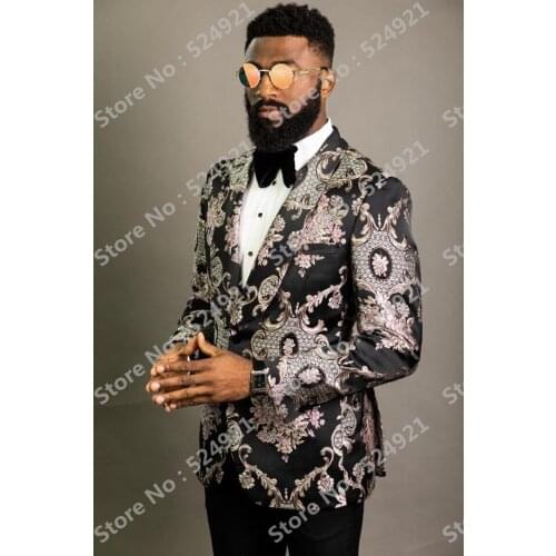Custom Made Men Suits Pattern with Black Groom Tuxedos Shawl Lapel Groomsmen Wedding Best Man ( Jacket+Pants+Tie ) C726
