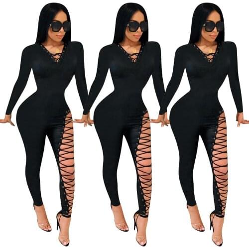 Autumn Winter Tight Long Sleeve Pants Deep V- Neck Half Rope Sexy Rompers Womens bandage Label Jumpsuit