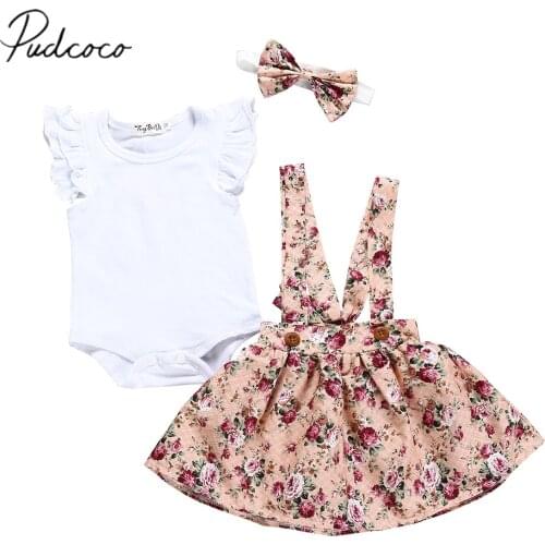 2019 Baby Summer Clothing Newborn Infant Baby Girl Clothes Set White Romper+Flowers Overall Dress Headband Outfit Playsuit 0-24M