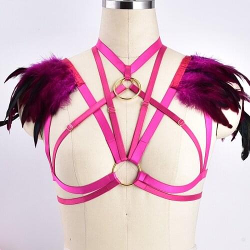 Rose Red O-Ring Feather Wings Harness Epaulette Cage Tops 90s Girls Harness Belt Feather Lingerie Bondage Cage Bra Clothing