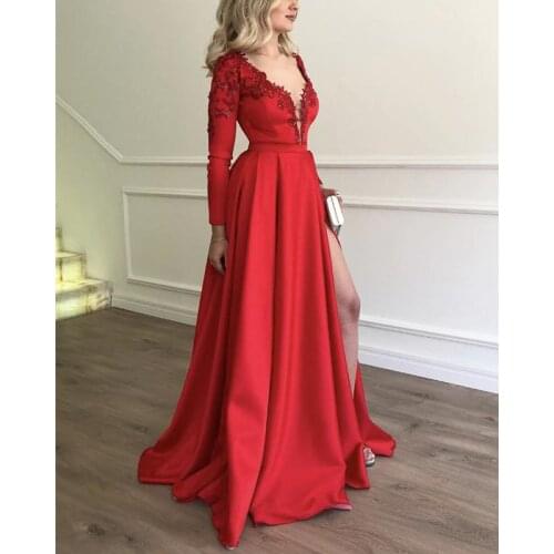 Red Long Satin Beaded Prom Dresses 2021 Deep V Neck Long Sleeve Formal Evening Party Dress Zipper Back Robe De Soiree