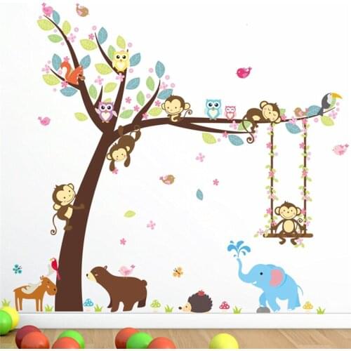 Cartoon Animal With BigTree Wall Stickers For Kindergarten Kids Room Home Decor Diy Zoo Theme Mural Art Pvc Wall Decal