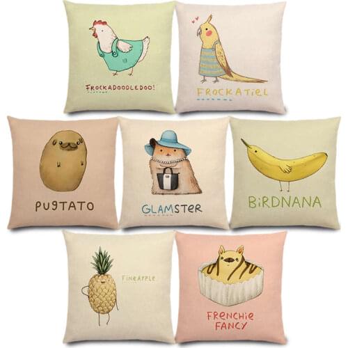 New Funny Cartoon Animals Interesting Words Happy Letters Bird Dog Cat Pug Egg Potato Cushion Cover Sofa Throw Pillow Case