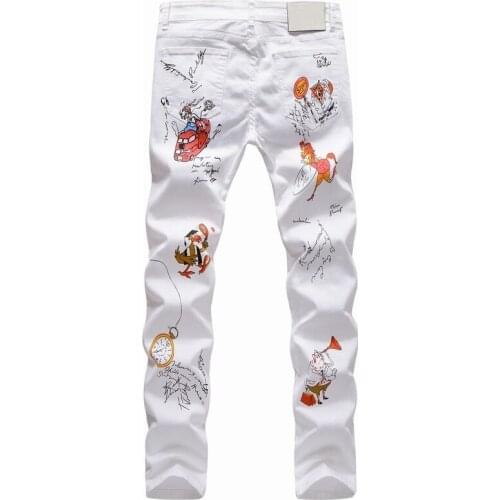 Korean Style New White Jeans Mens Slim Animal Print Ddesign Letter Pockets Zippers Stretch Fashion High Quality Casual Pants