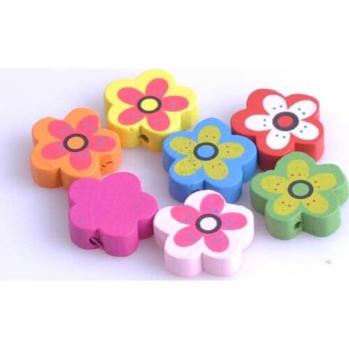 Wholesale 20mm 50pcs Multicolor Flower painted Wooden cute Spacer Loose beads Fit kids Handmake DIY Accessory MT0604X